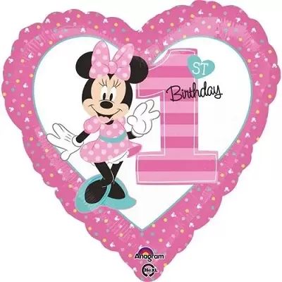 Foliový balonek srdce 1st birthday Minnie 45 cm