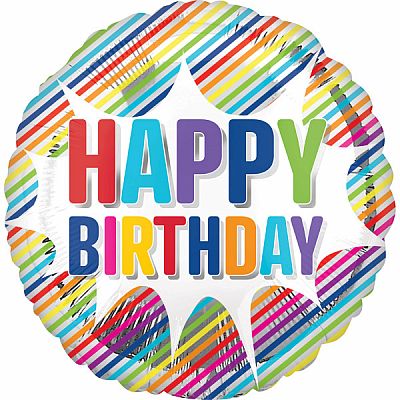 Fóliový balónik farebné pruhy - Happy Birthday 43 cm