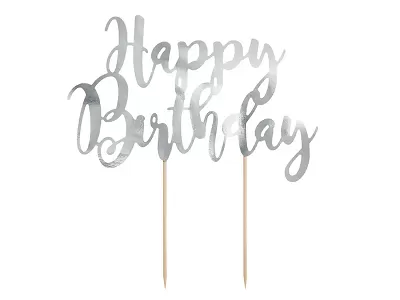 Dekorácia na tortu nápis Happy Birthday - strieborné 22 cm