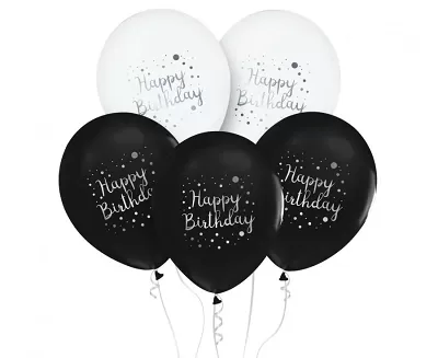 Latexové balóniky biela-čierna Happy Birthday - 30 cm - 5 ks
