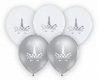 Latexové balóniky strieborná - biela Jednorožec 30 cm - 5 ks