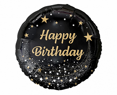Fóliový balónik okrúhly čierny Happy Birthday - hviezdy 45 cm