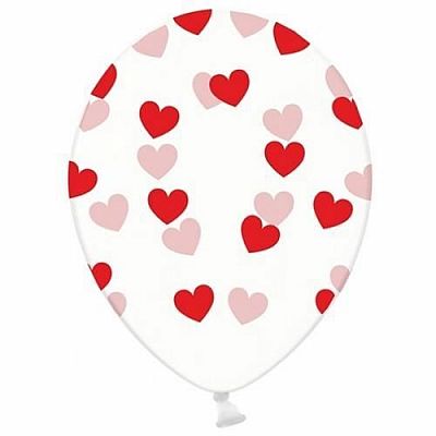 Latexový balónik priehľadný s červenými srdiečkami 30 cm