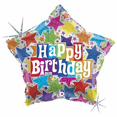 Fóliový holografický balónik Hviezda Happy Birthday farebný