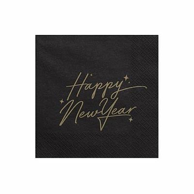 Papierové párty obrúsky čierne s nápisom Happy New Year 20 ks