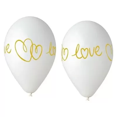 Svadobné balóniky biele s potlačou srdca a Love 33 cm - 6 ks