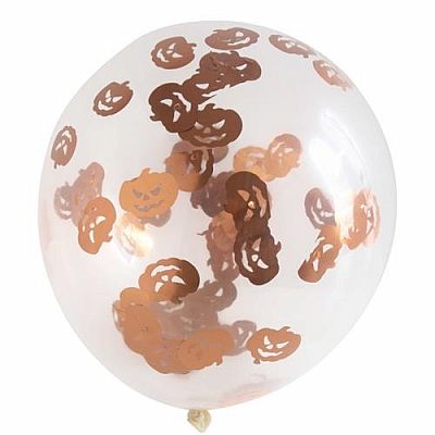 Latexové balóniky Halloween priehľadné s konfetami tekvica 4 ks
