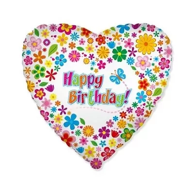 Fóliový balónik srdca s kvietkami Happy Birthday 46 cm - Nebalený