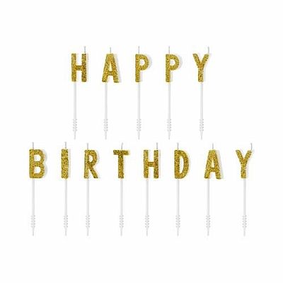 Dortové svíčky zlaté s glitrem Happy Birthday 13 ks