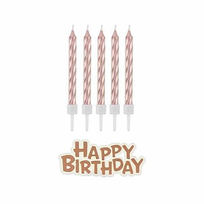 Tortové sviečky rose gold s držadlami a nápis happy birthday 16 ks