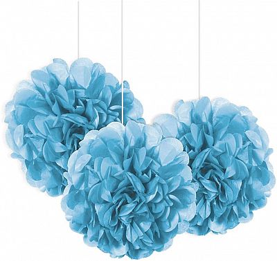 Dekorační závěsné pom pomy pudrově modré 3ks, 23cm