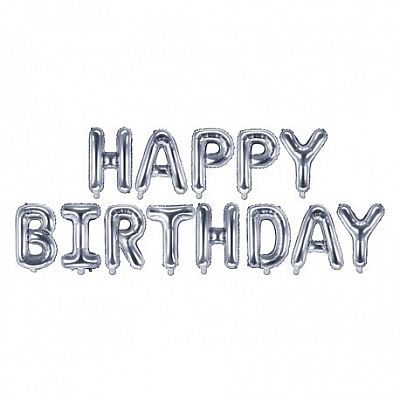 Fóliový nápis HAPPY BIRTHDAY v striebornej farbe 340 x 35 cm