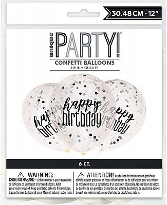 Latexové balonky Happy Birthday průhledné s černo-stříbrným potiskem 30cm 6ks