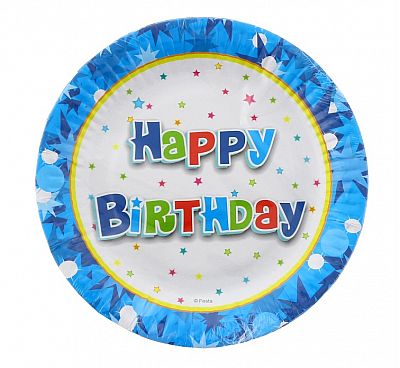 Talířky papírové ,,Happy Birthday" modré 18cm 6ks