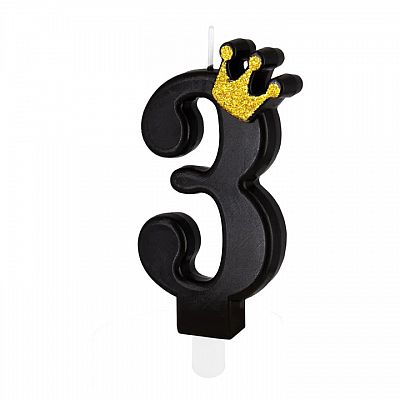 Dortová svíčka číslo 3 - černá s korunkou 8,8 cm