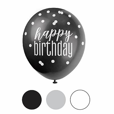 Latexové balonky "Happy Birthday" černý - 6 ks