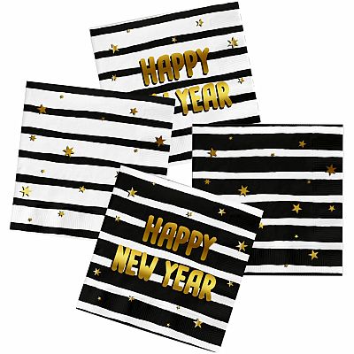 Papírové ubrousky černobílé pruhované Happy New Year 