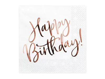 Papírové ubrousky bílé s rosegold Happy Birthday 20 ks