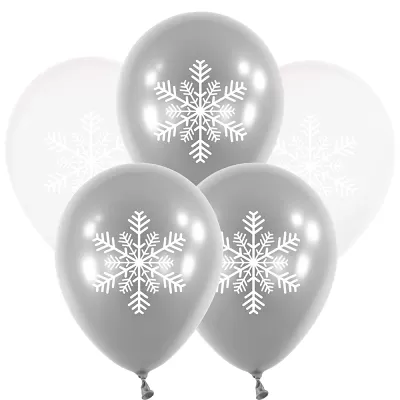 Latexové balonky bílo-stříbrné s potiskem Vločky 5ks