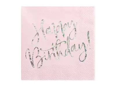 Papírové ubrousky růžové se stříbrným Happy Birthday 20 ks