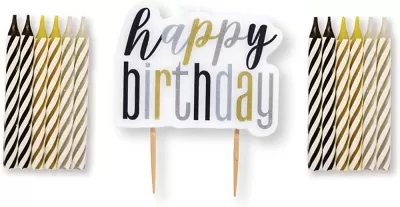Svíčky dortové sada Happy Birthday zlato černo stříbrné 13 ks