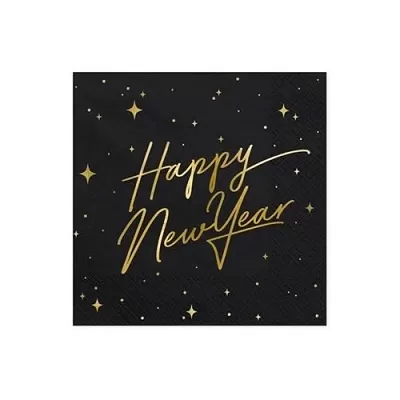 Papierové obrúsky LUX čierne s nápisom Happy New Year 20 ks - Hviezdy