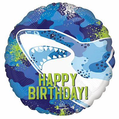 Foliový balonek kulatý Happy Birthday žralok 43 cm