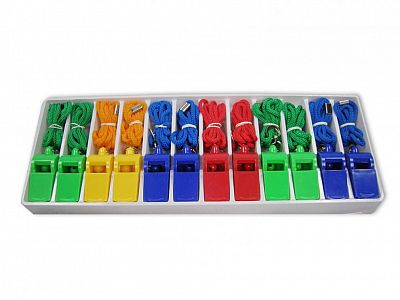 Píšťalky plastové so šnúrkou - SET 12ks