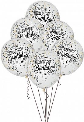 Latexové balonky Happy Birthday průhledné černo-zlaté s konfetami 30 cm 6 ks