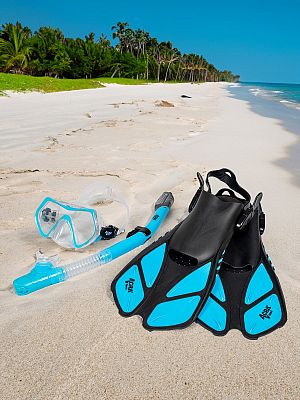 Šnorchlovací set 3 v 1, SVETLO MODRÝ, L/XL, plutvy 42-47, maska, šnorchel