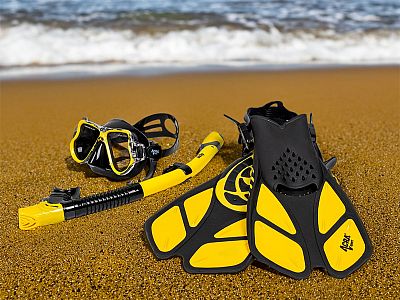 Šnorchlovací set 3 v 1, ŽLTÝ, L/XL, plutvy 42-47, šnorchel, maska