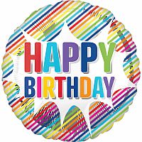 Fóliový balónik farebné pruhy - Happy Birthday 43 cm