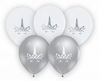 Latexové balóniky strieborná - biela Jednorožec 30 cm - 5 ks