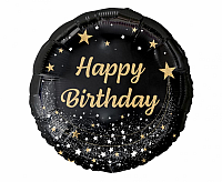 Fóliový balónik okrúhly čierny Happy Birthday - hviezdy 45 cm