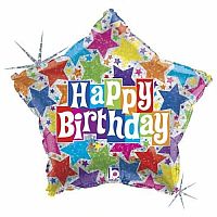 Fóliový holografický balónik Hviezda Happy Birthday farebný