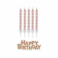 Tortové sviečky rose gold s držadlami a nápis happy birthday 16 ks