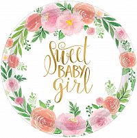 Talířky papírové - Květiny Sweet Baby Girl 26,6cm, 8ks