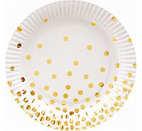 Papírové talířky bílé "Zlaté konfety" 18 cm - 6 ks