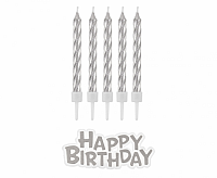 Dortové svíčky stříbrné s držátky a nápis happy birthday 16 ks