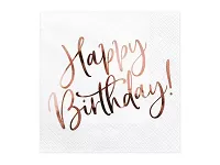 Papírové ubrousky bílé s rosegold Happy Birthday 20 ks