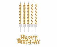 Dortové svíčky zlaté s držátky a nápis happy birthday 16 ks