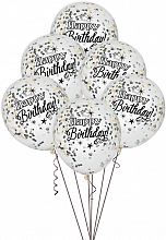 Latexové balonky Happy Birthday průhledné černo-zlaté s konfetami 30 cm 6 ks