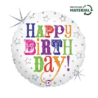 Fóliový balónik biely s farebným nápisom Happy birthday 45 cm