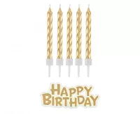 Tortové sviečky zlaté s držadlami a nápis happy birthday 16 ks