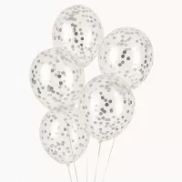Latexové balóniky priehľadné so striebornými konfetami 30 cm - 5 ks