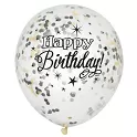 Latexové balonky Happy Birthday průhledné černo-zlaté s konfetami 30 cm 6 ks